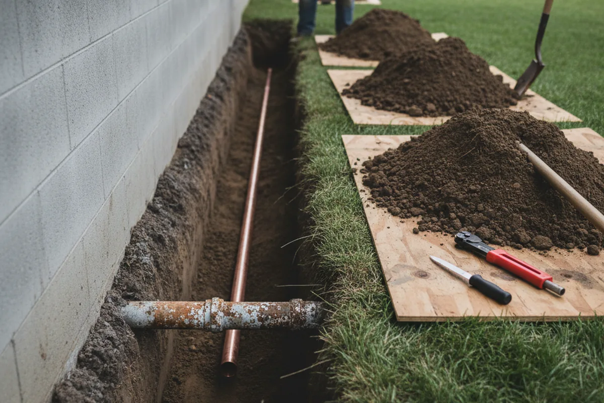 Excavated water line trench during Water Softener Installation in Fentress